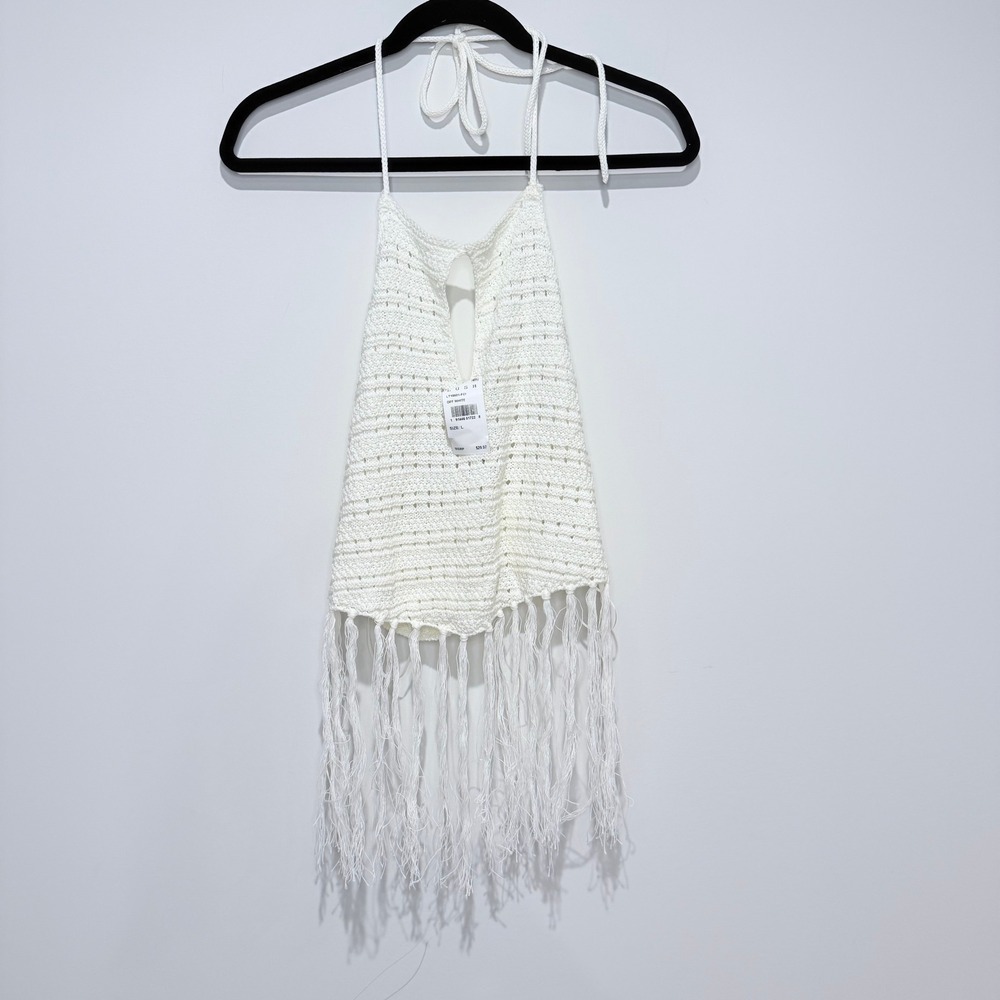 LUSH Off White Crochet Fringe Halter Tank Top Women's Size Large